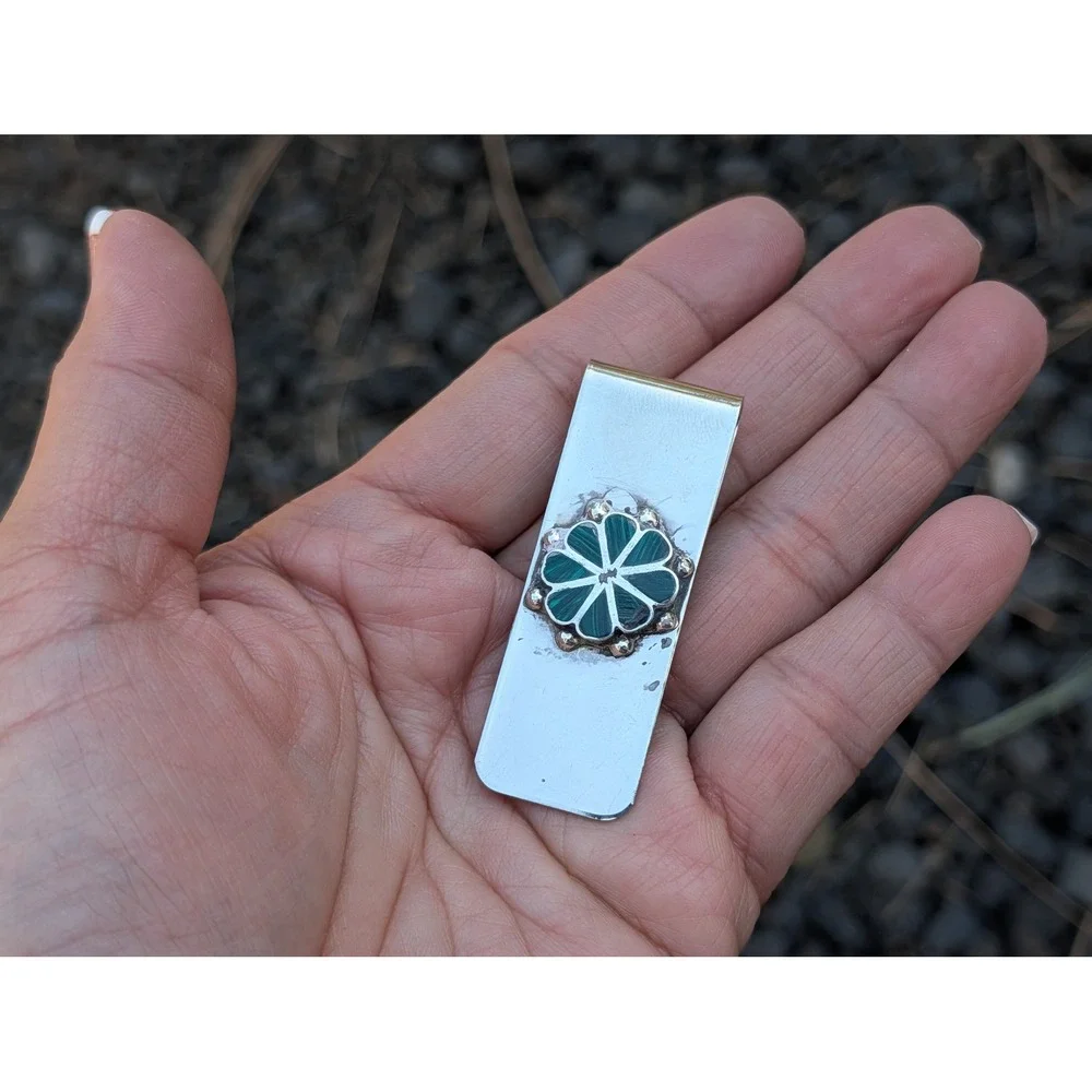 Navajo‎ Sterling Silver Malachite Inlay Money Clip Men's Handmade Accessories **